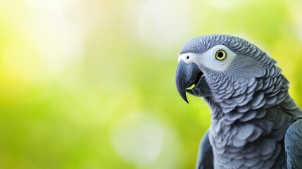 Obraz premium Grey parrot perched against a softly blurred green background while engaging with its environment