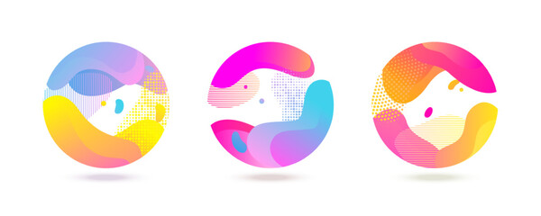 Abstract circles with halftone color gradient for round elements. Vector circle sphere with color gradient or liquid flow shapes 3D