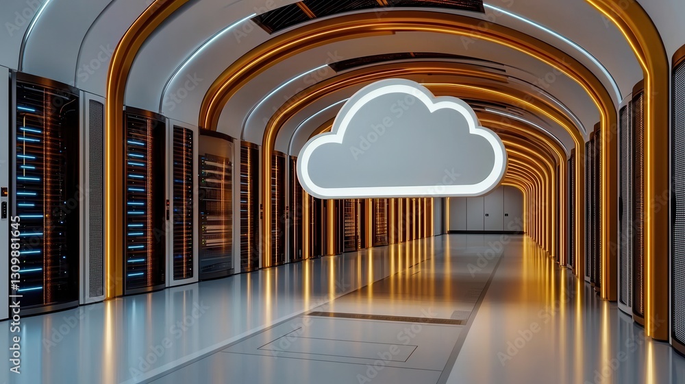 Poster modern data center with cloud symbol highlighted in futuristic environment
