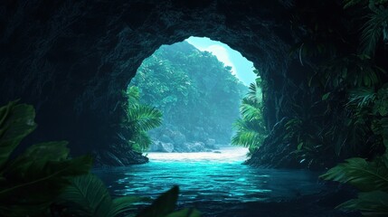 Serene Tropical Cave Opening with Lush Vegetation and Clear Water