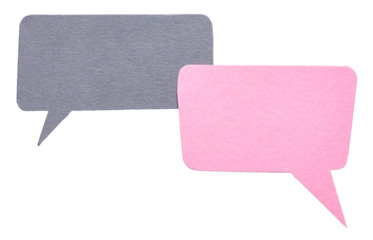 Grey pink blank cut out paper speech bubbles with rough edges and copy space for text on transparent png background conversation discussion design element