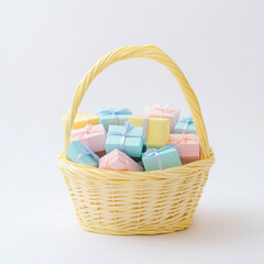A wicker basket filled with pastel-colored gift boxes tied with delicate ribbons against a white background, creating a festive and cheerful mood.