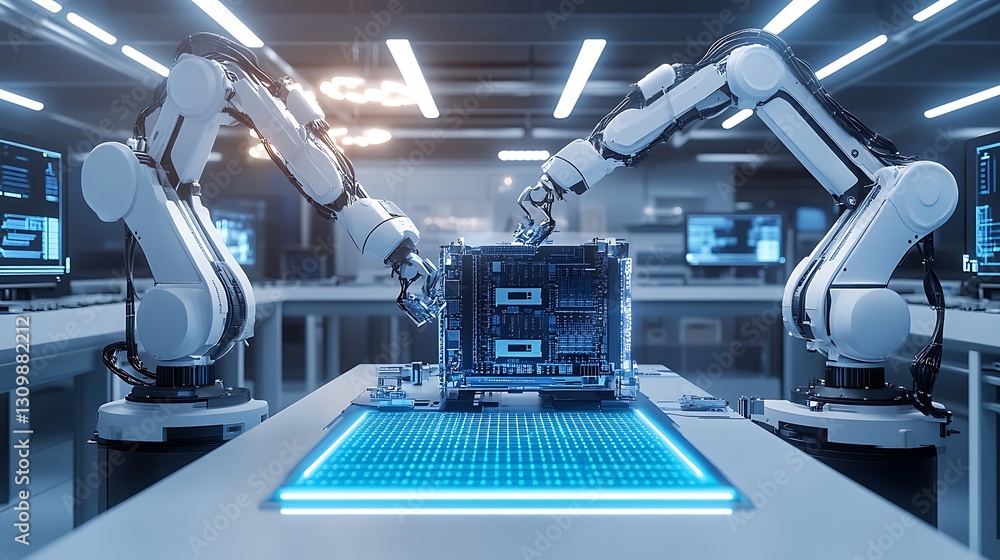Poster robotic arms assembling a supercomputer core in a sleek, ultra-modern tech lab with glowing blue and