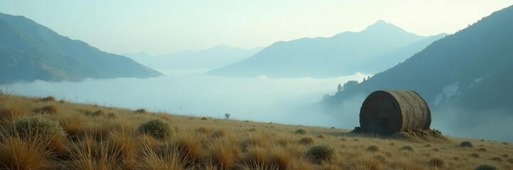 Fog rolls in off the mountains to shroud a lone wooden haystack and the surrounding valleys in mystery and tranquility, fog, solitude, scenery
