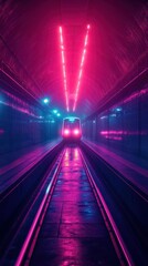 Colorful underground train station with neon lights illuminating the tunnel at night