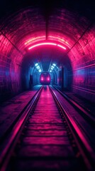 Neon-lit underground train tunnel with vibrant colors and tracks leading to an approaching train