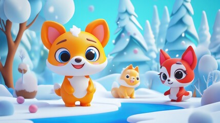 Cartoon foxes in a winter wonderland with snowy landscape features