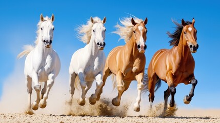 Horses gallop freely across a sandy landscape under a clear blue sky during daylight