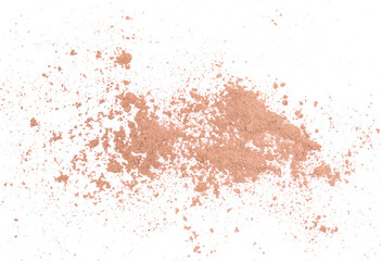 Chocolate pudding powder flying, isolated on white, top view