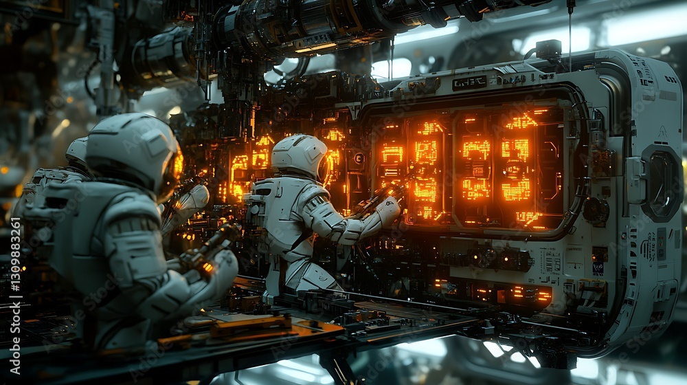 Aufkleber robotic workers assembling a modular space station unit in a low-gravity chamber with glowing tool i