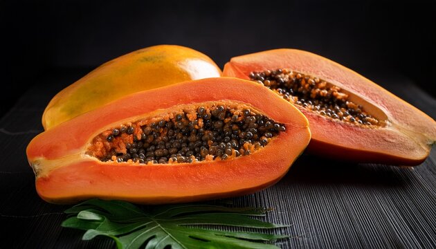 papayas frutas exoticas tropicales sobre fondo negro fotografia de estudio