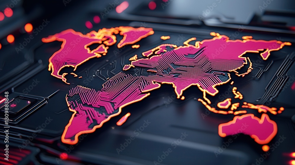Poster futuristic world map with neon lines and digital circuit design