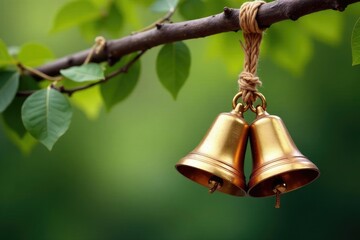Golden bells suspended from a tree branch by twine, wreath, greenery