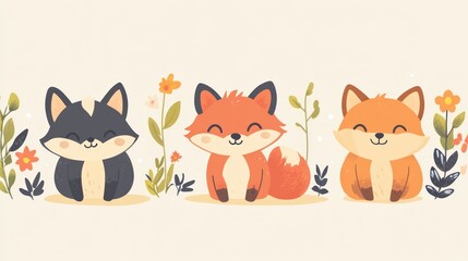 Obraz premium Three adorable cartoon foxes surrounded by flowers and vegetation