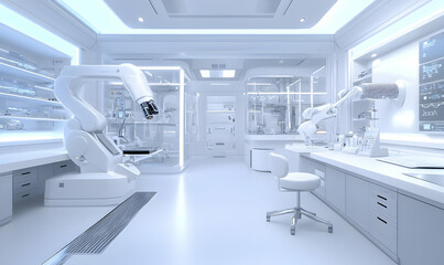 High-Tech Laboratory with Robotic Arm and Bright White Aesthetics