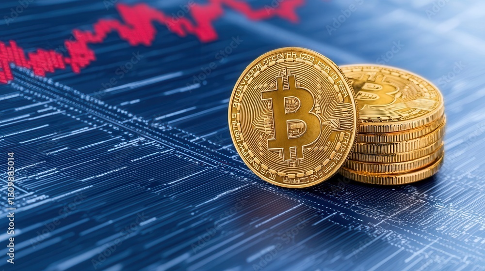 Poster stacks of bitcoin coins on financial graph background with rising trend