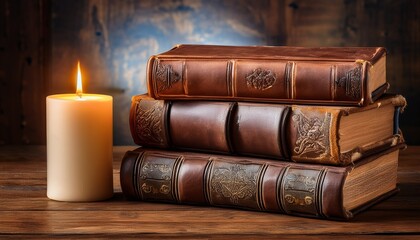 Naklejka premium old books and a candle