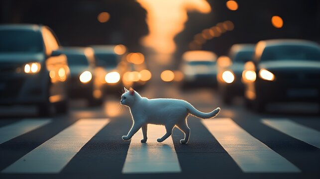White cat crosses busy street at twilight with cars approaching in soft focus behind