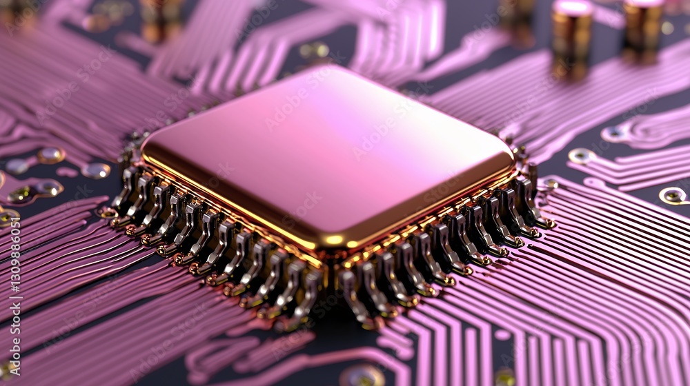 Poster close-up view of a modern microchip with metallic gold and pink circuit board background