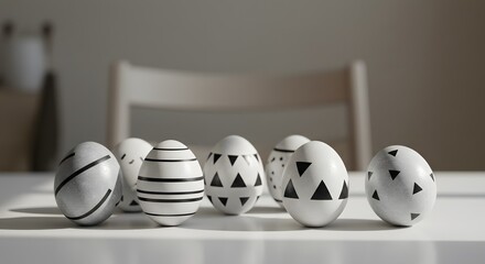 Black and White Decorated Easter Eggs on Table for Holiday Decor