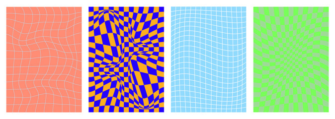 Groovy psychedelic backgrounds with abstract checkered pattern of optical illusion. Vector groovy psychedelic color checkered wavy pattern backgrounds