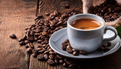 espresso coffee cup with beans on vintage table