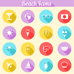 Colorful beach icons set