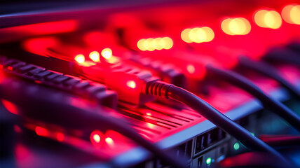 Network Cables Glow Red in Server Room Powerful Data Transfer
