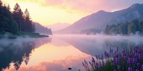 Printed roller blinds Lavender mist rises from a serene lake at dawn, calming, water, gentle