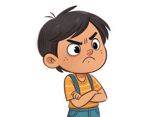 A cartoon illustration of an angry young boy with dark hair, arms crossed, displaying frustration and a temper tantrum. 