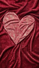Heart-shaped textile resting on a plush red fabric. A romantic and textured image perfect for Valentine's Day or love-themed projects.