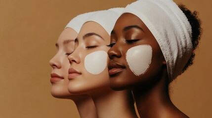 Beauty, diversity and portrait of women happy with makeup for cosmetic skincare isolated in studio brown background. Skin, aesthetic and young friends together for self care, dermatology and support