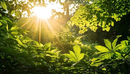 Sunlight filters through the trees and leaves in a vibrant forest scene