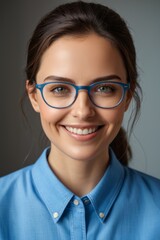 smiling woman wearing blue glasses and a blue shirt