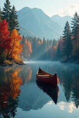 Autumnal lake scene, lone canoe mirroring fiery foliage , lake, still, orange