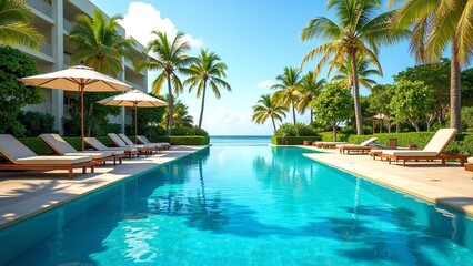 Fototapeta premium Serene Swimming Pool Surrounded by Lush Palm Trees at Luxury Resort