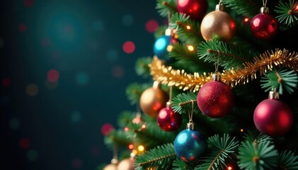 Fototapeta premium Colorful Christmas tree with multicolored balls and tinsel, GlitteryDecor, SeasonalColors, ChristmasTree