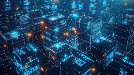 Digital city network, abstract futuristic cityscape, glowing connections