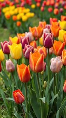 Obraz premium Colorful tulips in full bloom with lush grass, colorful tulips, nature scene, grass