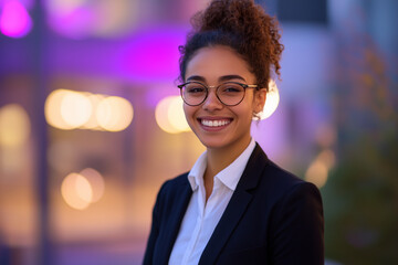 Young smiling business posing confidently, dressed in modern business clothes, against a backdrop of tech city with illuminated office building. Inovation, Startup, Bank, Fintech.