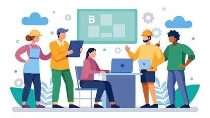 Fotobehang With BIM teams can easily share information and updates ensuring that everyone is on the same page and working towards the same goal.. Vector illustration © Justlight