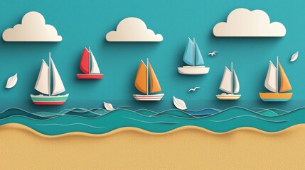 Naklejka premium Sailing adventure colorful boats ocean scene digital art cheerful atmosphere aerial perspective nautical concept