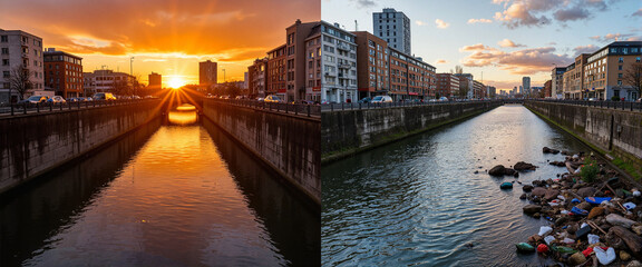 Fototapeta premium Urban canal transformation at sunset, water pollution cleanup