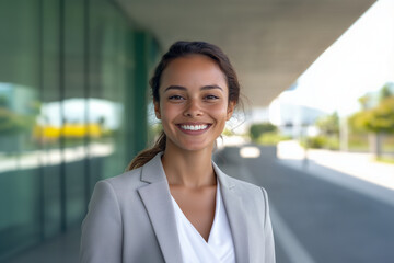 Young smiling business posing confidently, dressed in modern business clothes, against a backdrop of tech city with illuminated office building. Inovation, Startup, Bank, Fintech.