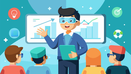 With a captivating presentation and a wellrehed pitch a junior tech entrepreneur impresses a room full of investors highlighting the potential success. Vector illustration