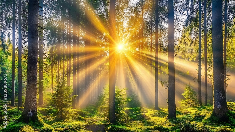 Poster rays of sunlight filtering through trees in a serene forest scene