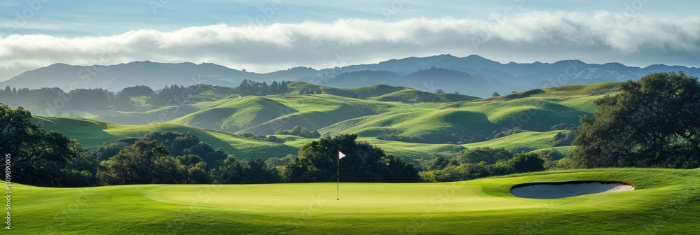 Poster Serene golf course amidst rolling green hills with a flag at the hole for an inviting game Generative AI