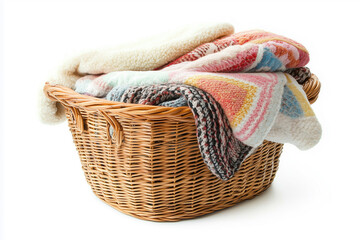 Obraz premium A stack of baby and towels in a basket, isolated on a white background.