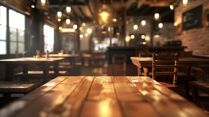 Blurred coffee shop and restaurant interior background with empty wooden table. Use for products display or montage.