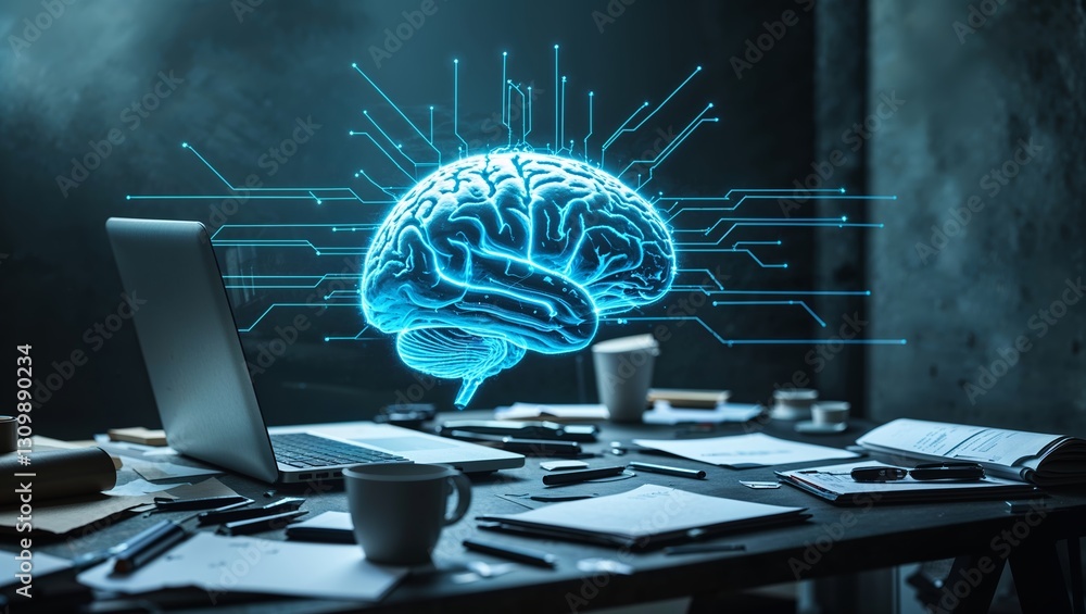 Poster digital brain concept visualized above a workspace with technology-themed elements in a dark, modern
